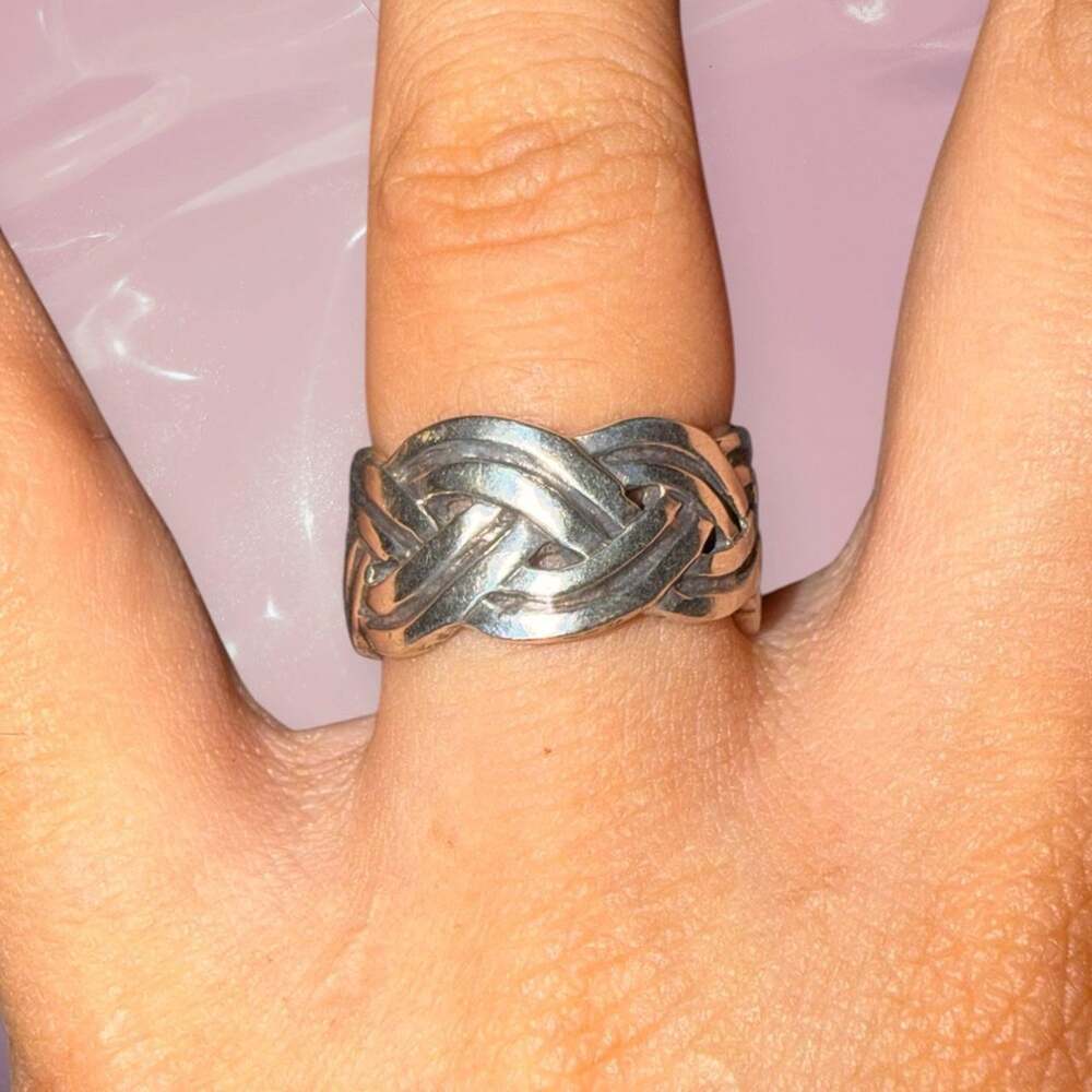 Vintage Y2K Hand Carved Braided Thick Band Ring 925 Sterling Silver Size 5